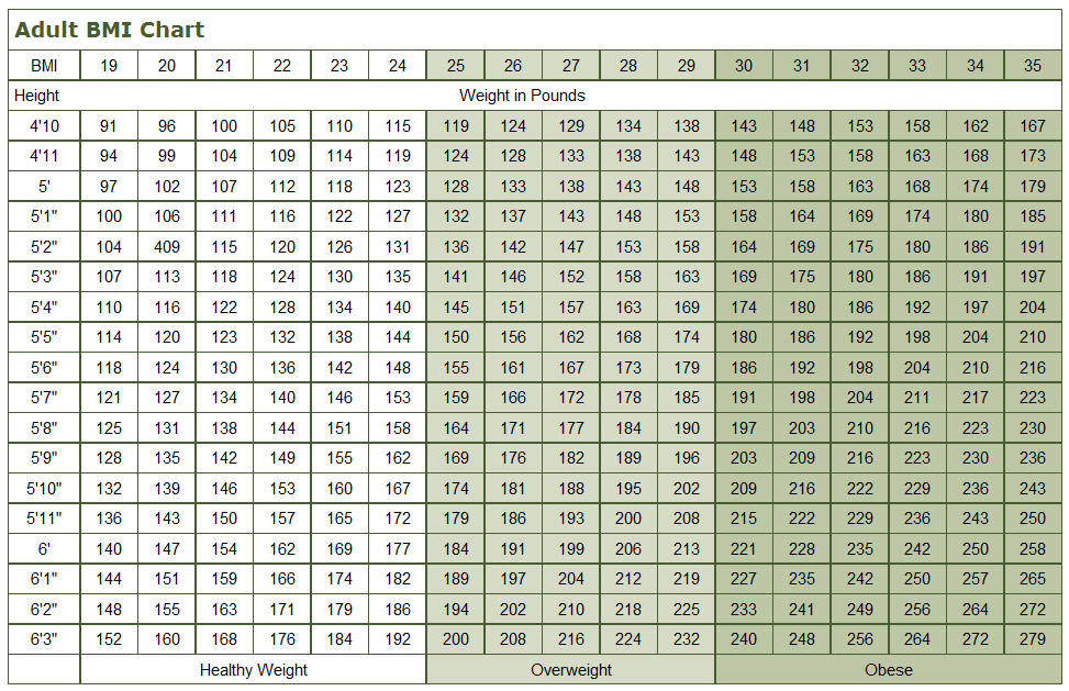 BMI chart for adults.