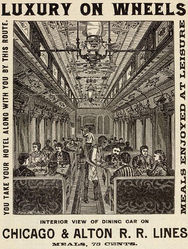 (PD) Image: Chicago and Alton Railroad An 1880s print advertisement extols the virtues of meal service aboard the Chicago and Alton Railroad.