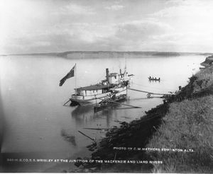 Steamship Wrigley at the junction of the Mackenzie and Liard Rivers.jpg