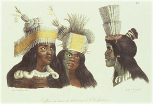 (PD) Drawing: Louis Choris "Three Bay Area Indians." Costanoans (Costeños) with feathered headdresses at San Francisco during the Otto Kotzebue expedition to California in 1816.