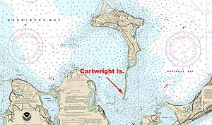 NOAA map of Gardiners Bay, Gardiners Island and small narrow Cartwright Island.jpg