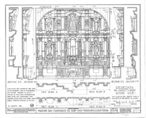 (PD) Drawing: U.S. Historic American Buildings Survey An elevation drawing of the reredos at the Mission San Francisco de Asís chapel as prepared by the Historic American Buildings Survey in 1937.