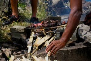 Whale meat being grilled, Semplers Cay, Bequia.jpg