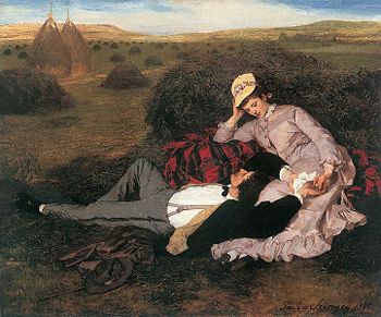 Painting of a man and woman, well dressed, the man lying down with his head in the woman's lap.