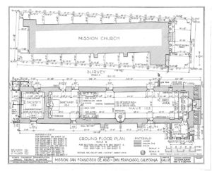 (PD) Drawing: U.S. Historic American Buildings Survey A ground floor plan of the Mission San Francisco de Asís chapel as prepared by the Historic American Buildings Survey in 1937.