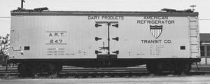 (CC) Photo: Tom Stolte / TrainWeb.com A wood-sided refrigerator car of the American Refrigerator Transit Company specially-designated for dairy products, circa 1940.