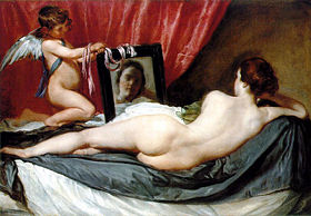 Painting of a nude woman looking into a mirror, with a naked child with wings (Cupid) holding the mirror.
