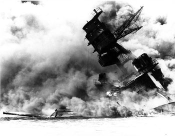 Burning wreckage of USS Arizona at Pearl Harbor