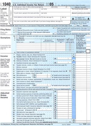 Picture of the 2005 Form 1040 US tax code.