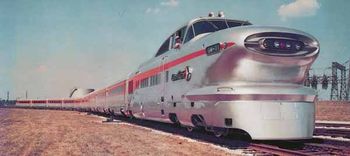 The first Aerotrain, General Motors Electro-Motive Division's experimental super-lightweight streamlined train set at EMD’s facility in La Grange, Illinois.[1]