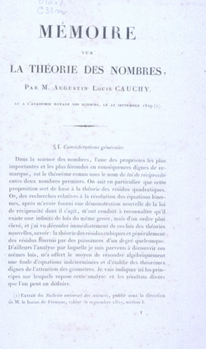 Augustin-Louis Cauchy, Mémoire sur la théorie des nombres, Page I.GIF