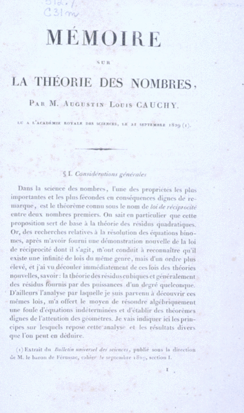File:Augustin-Louis Cauchy, Mémoire sur la théorie des nombres, Page I.GIF