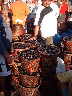 Baskets of acai berries in a market in Brazil in 2004.
