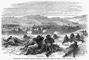 (PD) Engraving: Addison Erwin Sheldon The attack of fifty U.S. troops by several hundred Cheyenne, Sioux, and Arapaho warriors at the Battle of Beecher Island, in the dry bed of the Arikaree River in the Colorado Territory, September 17, 1868.