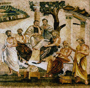 Picture of a painting made in ancient Greece depicting students at the Academy.