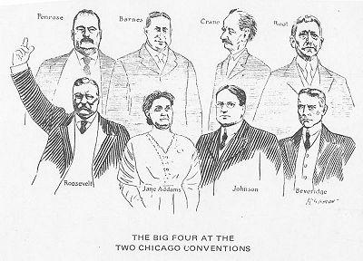 pro Roosevelt cartoon contrast the Republican Party bosses in back row and Progressive party reformers in front