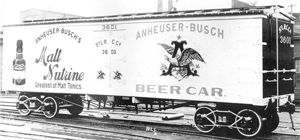 (PD) Photo: American Car and Foundry Company A pre-1911 "shorty" reefer bears an advertisement for Anheuser-Busch's Malt Nutrine tonic. The use of similar "billboard" advertising on freight cars was banned by the Interstate Commerce Commission in 1937, and thereafter cars so decorated could no longer be accepted for interchange between roads.