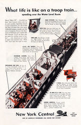 © Image: New York Central System "What life is like on a troop train..." a print advertisement published by the New York Central System in support of the War Bond drive.