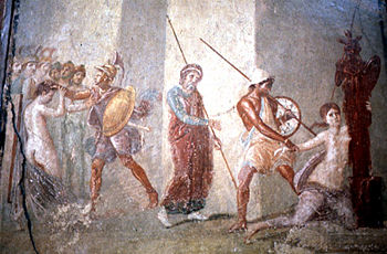 Picture of a woman surrounded by men with spears.