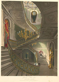 An 1819 work, Grand Stair-case - Carlton House, by British artist William Henry. Note how the butler is depicted in performance of duties.